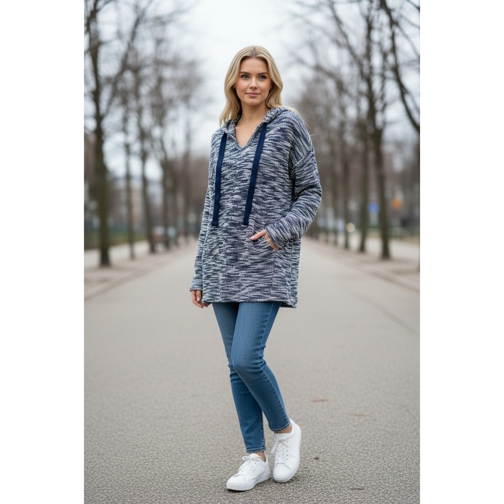 LOFT Navy Blue White Space Dye Knit Tunic Hoodie Sweater Size‎ M